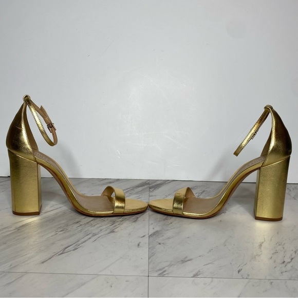 Schutz Gold Leather Ankle Strap Block Heel Sandal 10 1/2 B - Picture 6 of 16